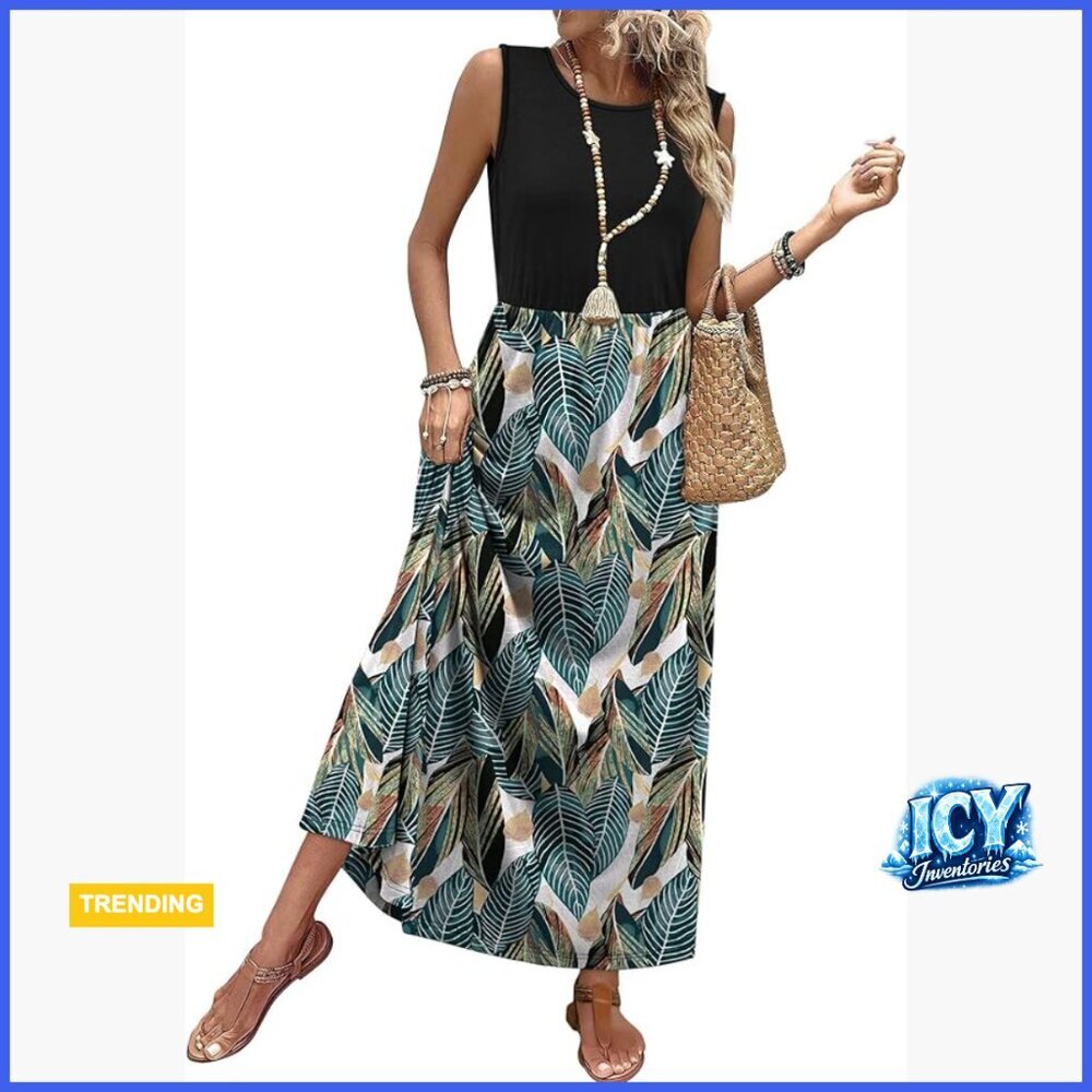 Polyester Blend Maxi Dress with Pockets, Elastic Waist, Sleeveless
